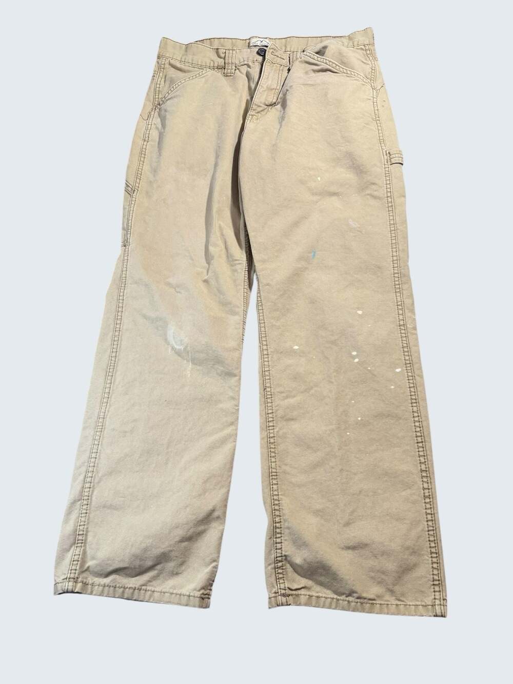 Blue Mountain Men's Canvas Carpenter Work Pants 34x32 Tan Distressed Paint Splat